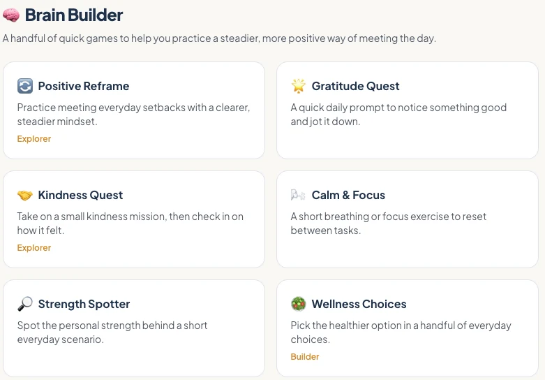 Brain Builder activity selections